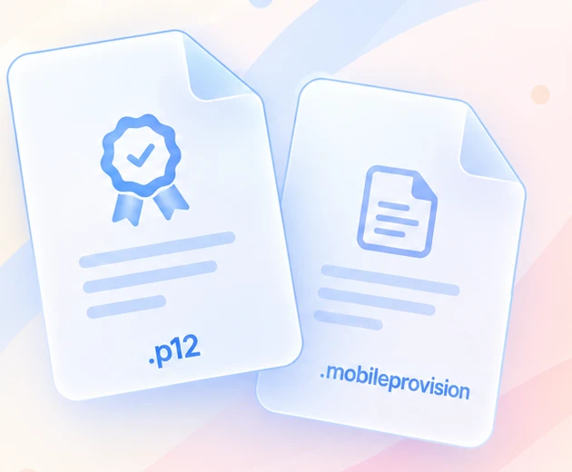 Illustrated .p12 certificate and .mobileprovision files