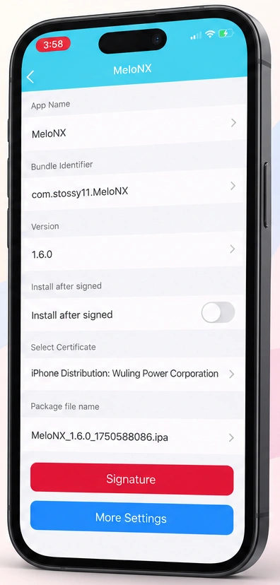 ESign IPA signing screen on iPhone