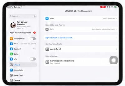 VPN, DNS and Device Management settings on an iPad