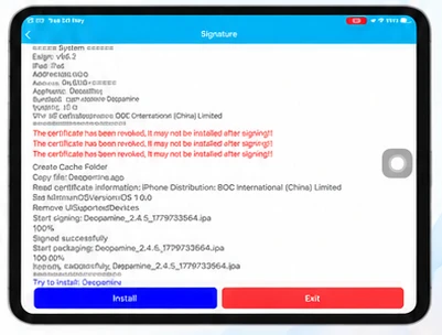 Signing log with a certificate revocation warning for troubleshooting
