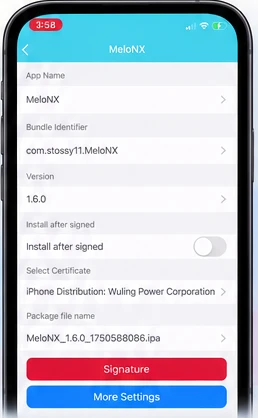 ESign package information with app name, bundle identifier and version